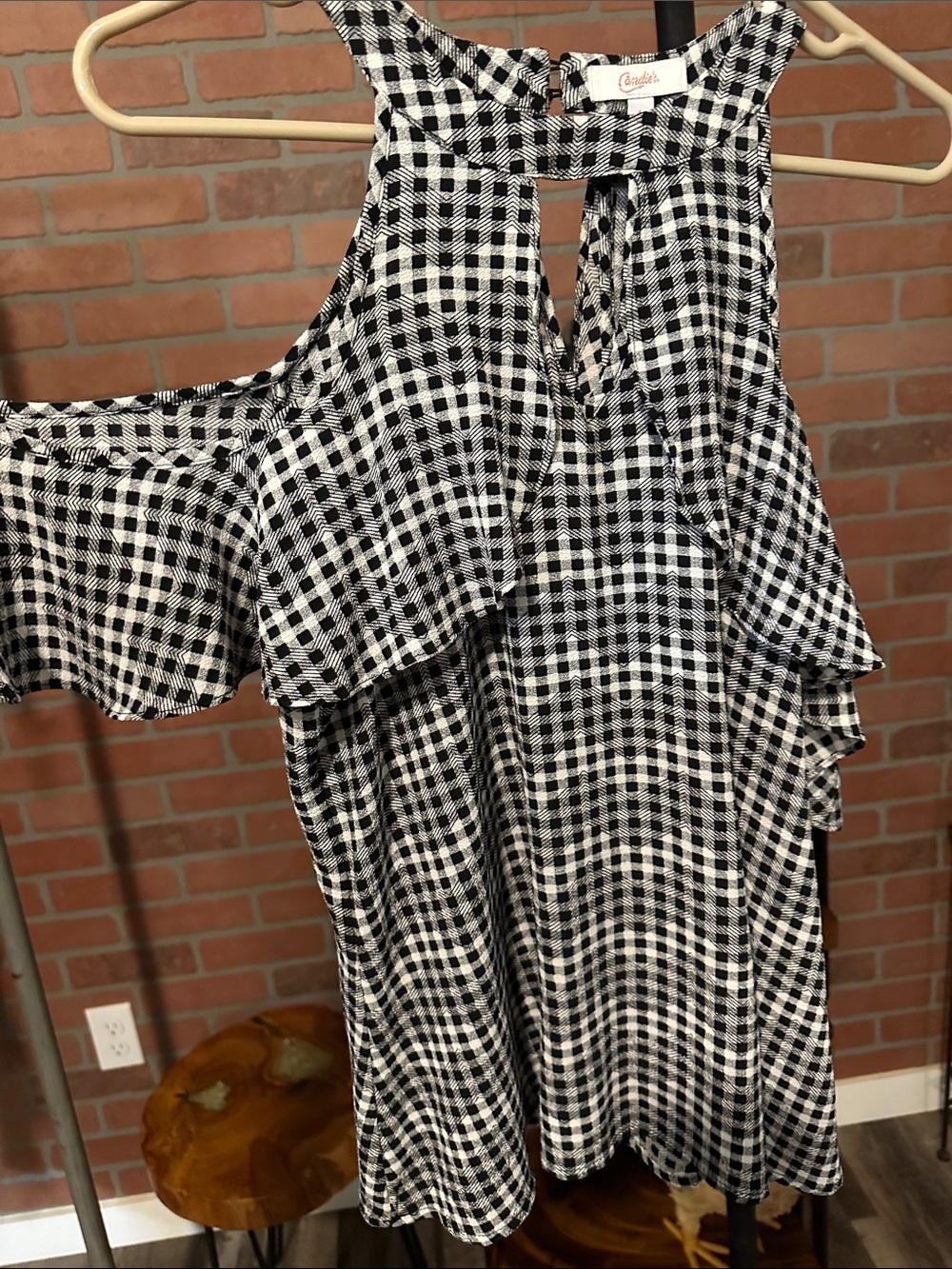 Candie's Black & White Gingham Cold-Shoulder Dress